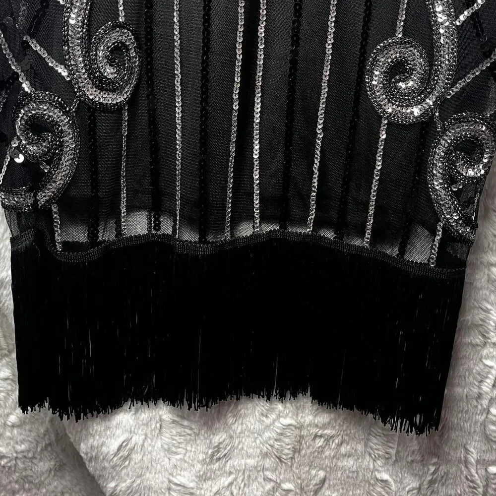 UNBRANDED Black & silver beaded midi dress with fringe hem - Picture 7 of 8